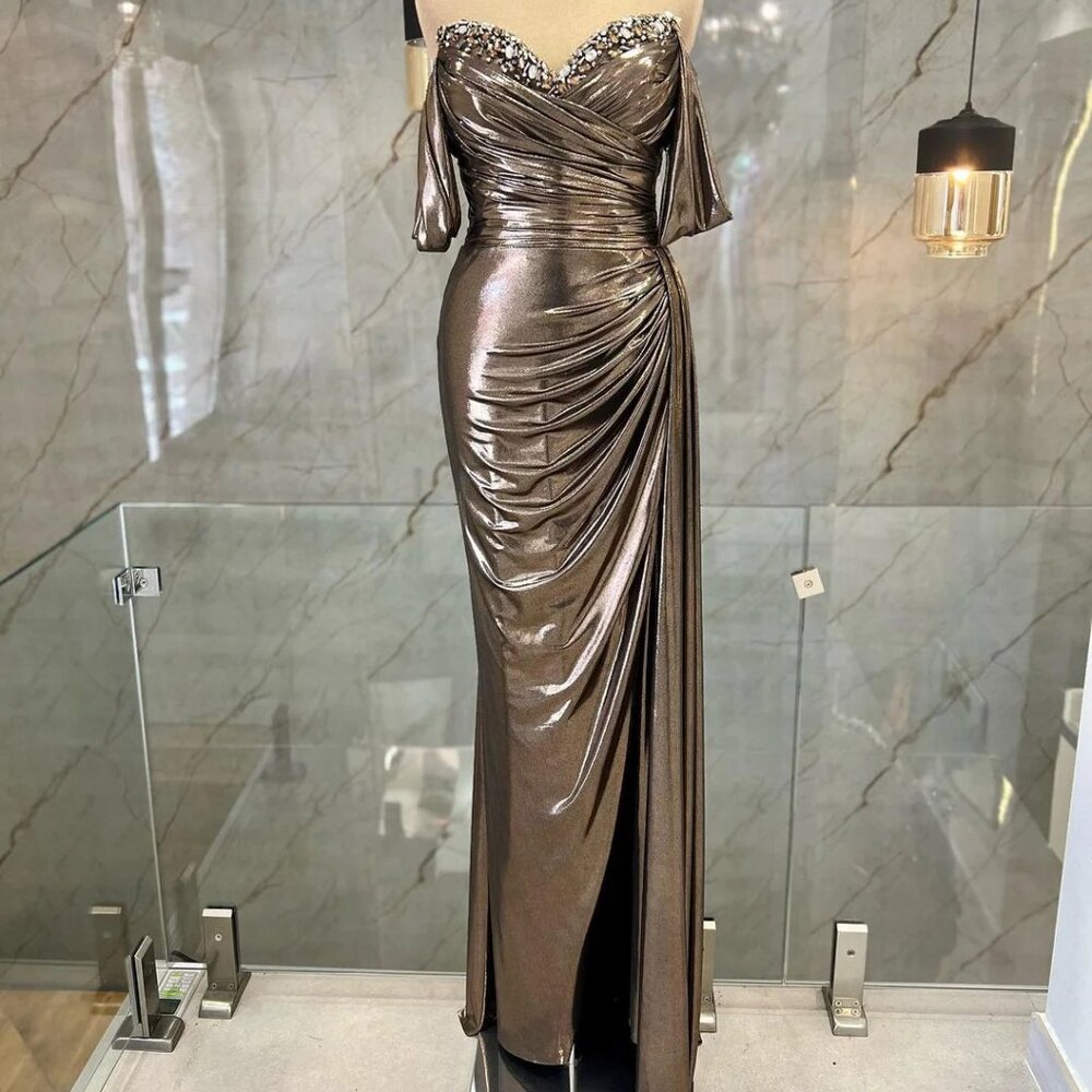 Bronze Metallic Off Shoulder Formal Gown
